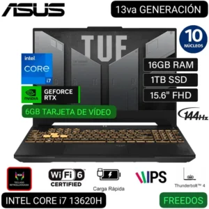 Notebook ASUS FX507VU-LP180, 15.6" FHD Value IPS, Core i7-13620H hasta 4.90GHz, 16GB DDR5